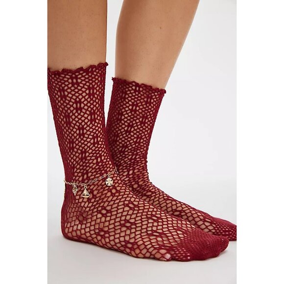 Free People Accessories - Free People Poppy Crochet Crew Socks One Size Burgundy Flirty Delicate Femme NWT